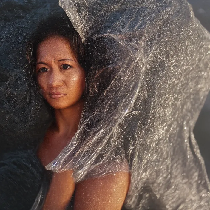 Image similar to closeup portrait of a woman wrapped in plastic, standing in punaluu black sand beach, color photograph, by vincent desiderio, canon eos c 3 0 0, ƒ 1. 8, 3 5 mm, 8 k, medium - format print