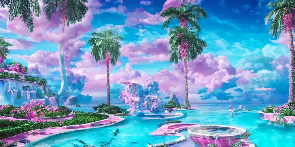 Image similar to masterpiece, hyperrealistic surrealism, award winning masterpiece with incredible details, epic stunning, infinity pool, a surreal vaporwave liminal space, highly detailed, trending on ArtStation, calming, meditative, pink arches, flowing silk sheets, palm trees, very vaporwave, very very surreal, sharp details, dreamscape