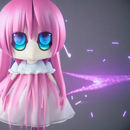 Prompt: cute fumo plush of a girl who controls the spirits, ghost swarm, particle sim, blue and pink lens flare, anime girl, vray