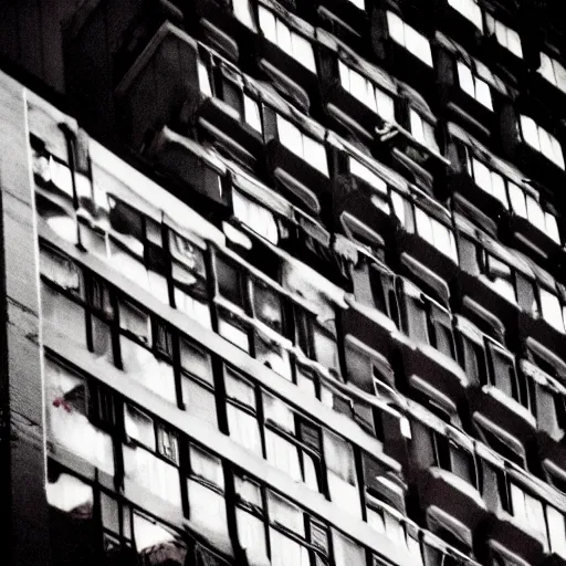 Prompt: a dingy dank grimy high rise apartment, with a view of the grungy city at night, and red neon sign outside the window , 35mm photography