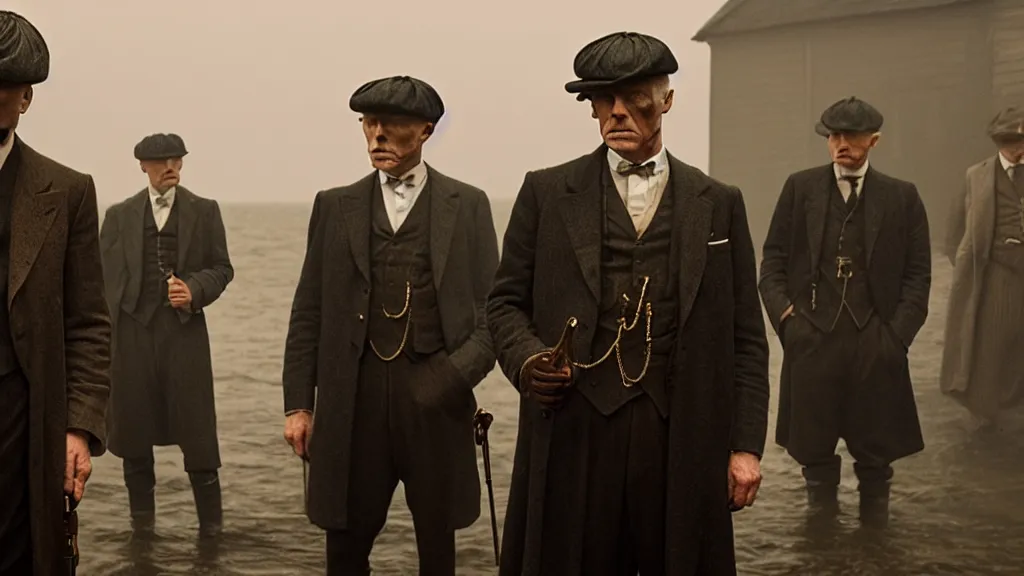 Prompt: the peaky blinders with shrimps instead of heads coming out of the ocean film still from the movie directed by denis villeneuve with art direction by zdzis