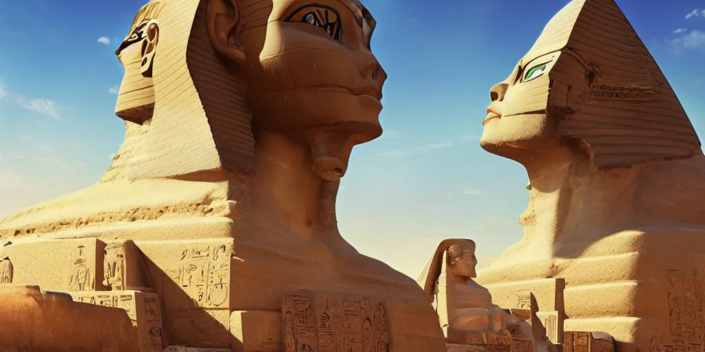 Image similar to a stunning egyptian landscape with sphinx by makoto shinkai