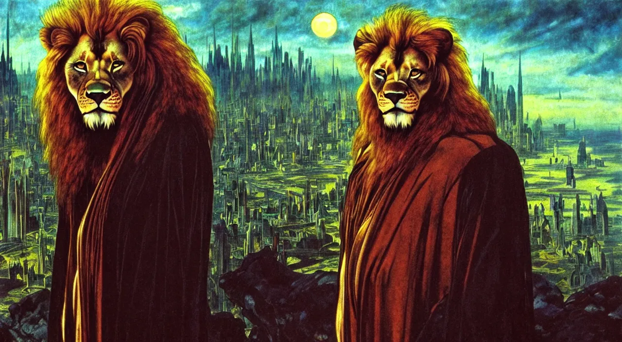 Image similar to realistic detailed portrait movie shot of a lionman wearing dark robes, sci fi city landscape background by denis villeneuve, amano, yves tanguy, alphonse mucha, ernst haeckel, max ernst, roger dean, masterpiece, rich moody colours, blue eyes, occult