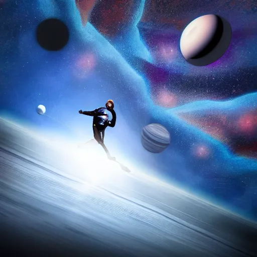 Image similar to running at the edge of space, toward a planet, reaching the abyss, calm, digital art