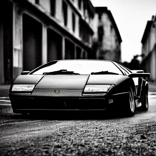 Image similar to black and white press photograph of a rusted abandoned lamborghini diablo on an empty abandoned city street, full view, detailed, natural light, mist, film grain, soft vignette, sigma 5 0 mm f / 1. 4 1 / 1 0 sec shutter, imax 7 0 mm footage