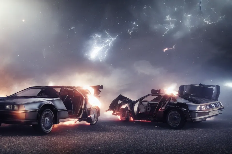 Image similar to ultra realistic delorean dmc 5 drifting on road wreckage orbiting earth in space, dark cinematic, volumetric, realistic, 3 d render, realistic render, cinematic lighting, volumetric lighting, atmospheric, cinematic, unreal engine 5, unreal engine render, octane render, hd, photorealism, hyper realistic, 8 k