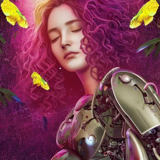 Prompt: a beautiful fine art RPG portrait photo of a resting cyberpunk gigeresque robot, wavy hair spread out, surrounded by hibiscus, daffodils, moth orchids, swallowtail butterflies, montsera leaves, soft studio lighting, 50mm lens, very detailed, bionic, robotic, deep depth of field, artstation, 4K