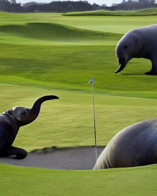 Image similar to A large adult male Elephant seal rearing up, blocking a golfer from the hole on a golf course green, photographed in the style of National Geographic photographer Paul Nicklen, Hyperreal