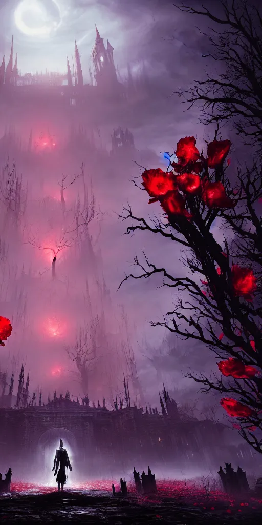 Image similar to abandoned bloodborne old valley with a person at the centre and a ruined city at the end, trees and stars in the background, falling red petals, epic red - orange moonlight, perfect lightning, illustration by niko delort and kentaro miura, 4 k, ultra realistic
