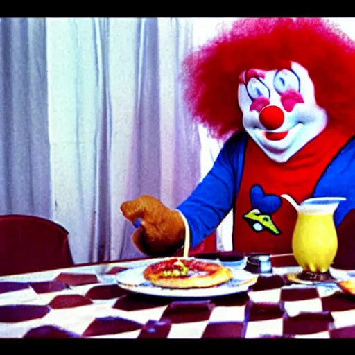 Image similar to Bozo the clown having tea with pizza.