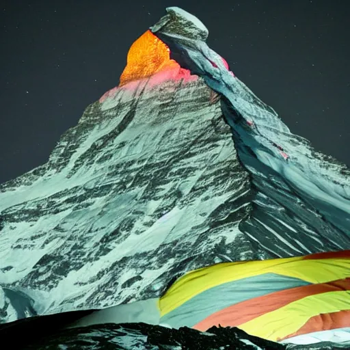 Image similar to a photo at nighttime of llumination of the matterhorn in the colors of indian flag, projected illuminated on the matterhorn mountain at night