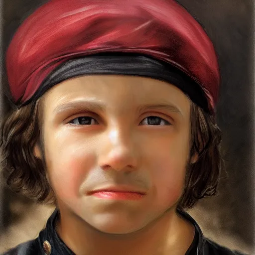 Prompt: Portrait of a young pirate, growling into the camera. Dark hair under pirate hat. Detailed face.