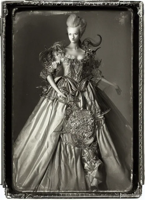 Image similar to old wetplate daguerreotype frame portrait of a futuristic silver armored young looking marie antoinette cyborg, fractal, intricate, elegant, highly detailed, subsurface scattering, by jheronimus bosch and greg rutkowski and louis jacques mande daguerre