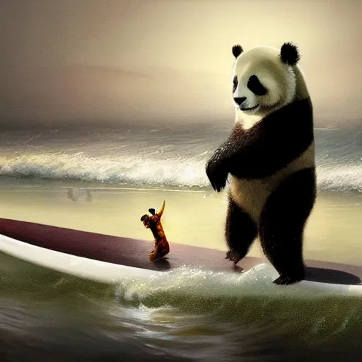 Prompt: a panda on a surf board, high detail, dramatic light, digital art, painted by seb mckinnon, painted by greg rutkowski, trending on artstation