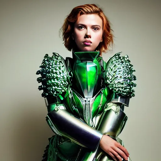 Image similar to well-lit studio portrait of 16-year old Scarlett Johansson wearing iridescent, green mother of pearl and malachite art nouveau style full body female mail armor by Steve McCurry