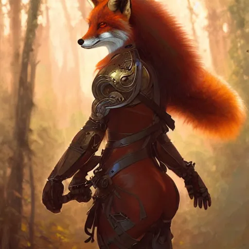 Image similar to photo of a humanoid female fox were a heroic dress an armour in the forest, long hair, highly detailed, digital painting, artstation, smooth, sharp focus, illustration, art by artgerm and greg rutkowski and alphonse mucha