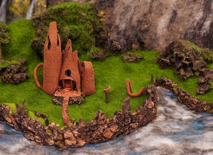 Image similar to high - res photograph of a felt and copper wire sculpture diorama with fantasy castles, highly detailed sculpey diorama, forest setting in iceland, waterfall backdrop, realistic materials, wood, felt, cloth, burlap, copper wire, hot glue, smooth, sharp foccus, commercial product photography,
