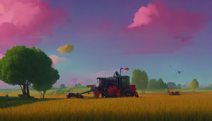 Image similar to colourful sky, wheat field, tractors, big trees, matte painting, art station, digital art, simon stalenhag