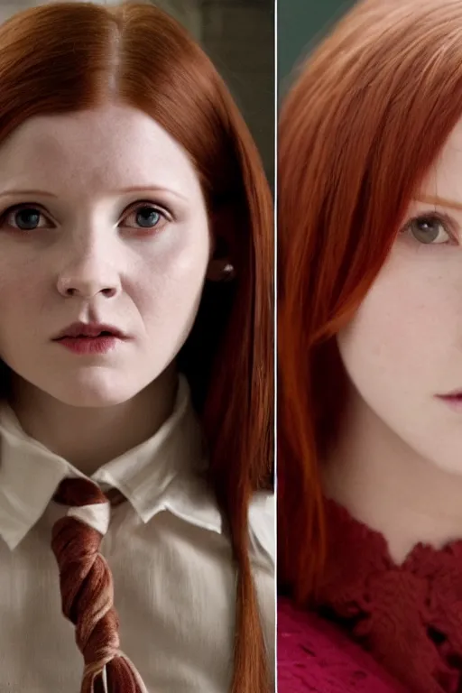 Image similar to ginny Weasley, symmetrical face two identical symmetrical eyes, feminine figure