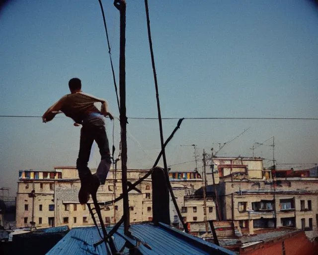 Image similar to lomo photo of roofjumpers climbing on roof of soviet hrushevka, small town, cinestill, bokeh, out of focus