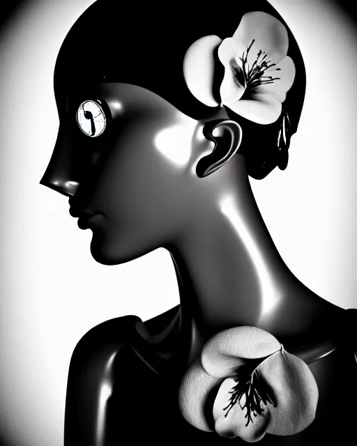 Image similar to black and white dreamy foggy poetic smoky profile face portrait, one silver steampunk realistic eye biomechanical beautiful angelic young female cyclope - cyborg - robot bust, body ribs meshes,, volumetric light, hibiscus flowers, by dora maar, rim light, big gothic fashion pearl embroidered collar, 8 k