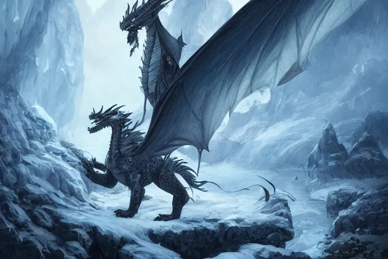 Image similar to Ice Dragon on a beautiful fantasy landscape, mountainside, winter, moonlit, HD, illustration, epic, D&D, fantasy, intricate, elegant, highly detailed, digital painting, artstation, concept art, smooth, sharp focus, illustration, wallpaper, art by artgerm and greg rutkowski and alphonse mucha and jin xiaodi