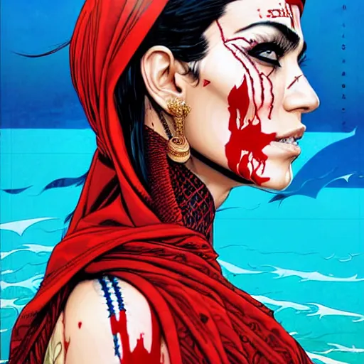 Image similar to a portrait of a saudi woman with side profile blood in ocean intricate details by MARVEL comics and Sandra Chevrier-C