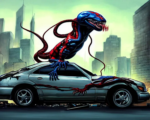 Image similar to A realistic Venom standing on top of a wrecked car in the city, open arms art by Gerardo Sandoval, Ultra detailed, hyper realistic, cinematic lighting