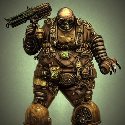 Prompt: highly detailed steampunk morbid obese undead heavy soldier with heavy machine guns, pipes connected to the head, madmax, intricate, rusty, green radioactive glow, toxic waste, 3D render