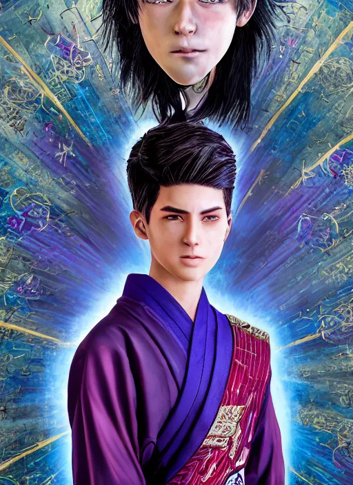 Image similar to An epic fantasy comic book style portrait painting of teenager boy with straight indigo hair, purple eyes with red eye markers, slim body, wearing a detailed Japanese kimono with golden armor pieces, holding a japanese fan. Unreal 5, DAZ, hyperrealistic, octane render, cosplay, RPG portrait, dynamic lighting