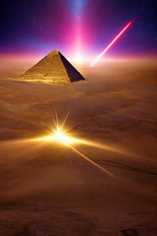 Image similar to egyptian pyramids is shooting tall laser beam in space in day light, photo by Marc Adamus,