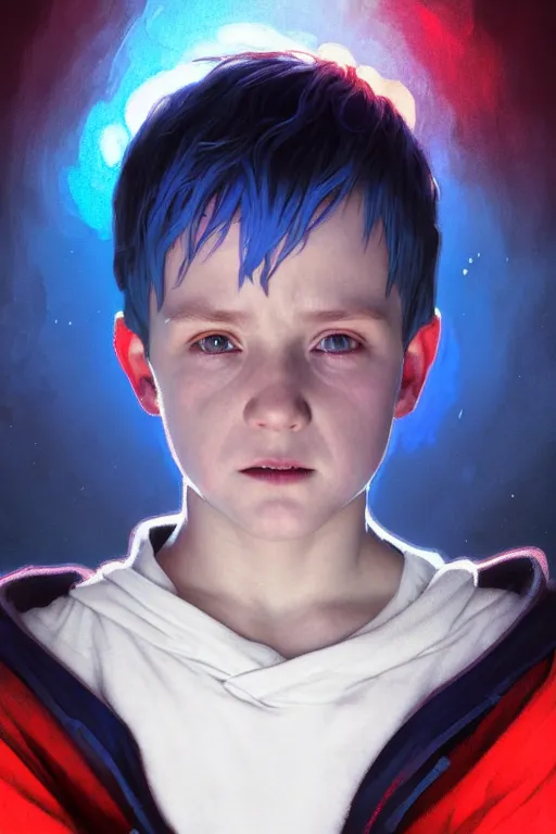 Image similar to portrait of a small boy with black hoodie, blue hair and red horns, luminous scene, by greg rutkowski and alphonse mucha, d & d character, gradient white to cyan, in front of an iridescent background, highly detailed portrait, digital painting, artstation, concept art, smooth, sharp focus ilustration, artstation hq