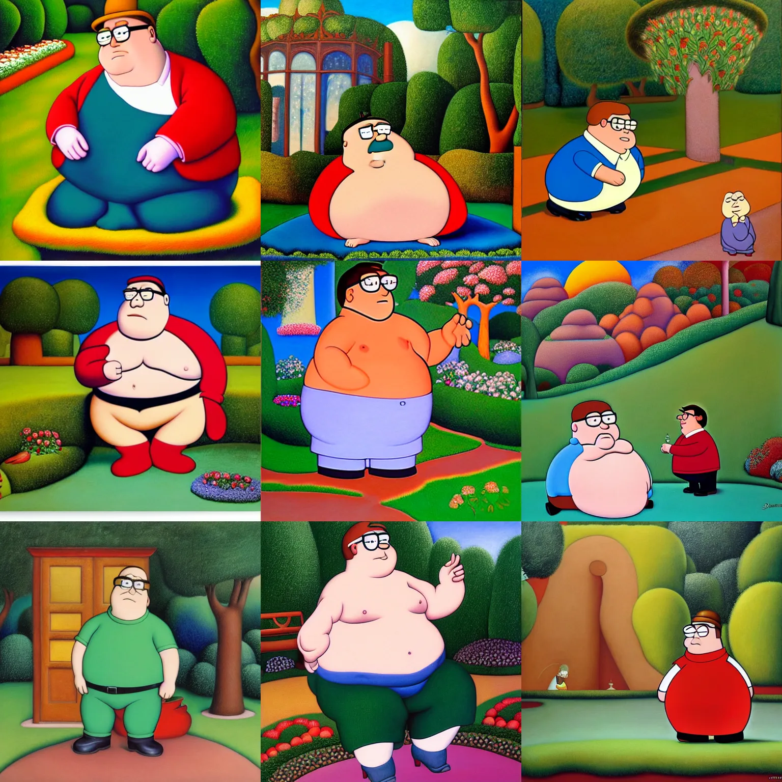 Prompt: Peter Griffin in the garden of enchantment by Fernando Botero