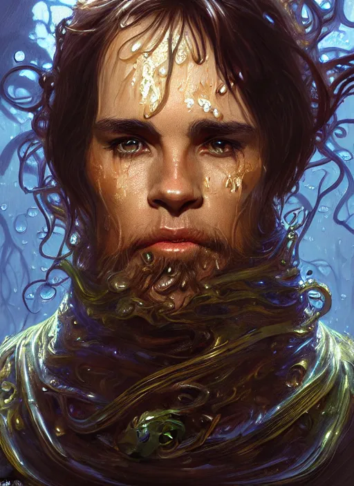 Image similar to portrait of davy jones, d & d, wet, shiny, fantasy, intricate, elegant, highly detailed, digital painting, artstation, concept art, smooth, sharp focus, illustration, art by artgerm and greg rutkowski and alphonse mucha