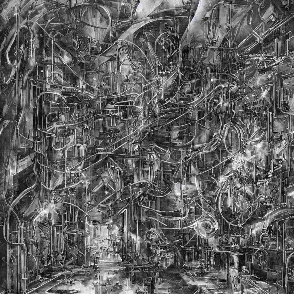 Image similar to abandoned laboratory from 1 9 3 0 s - early xx century - first - generation vacuum - tube computers - enia c - colossus - enigma machines - inside u - boat - metal pipes - obsolete technology - high resolution - 4 k - dark atmosphere - high contrast - retro futuristic - detailed artwork - art by hans giger
