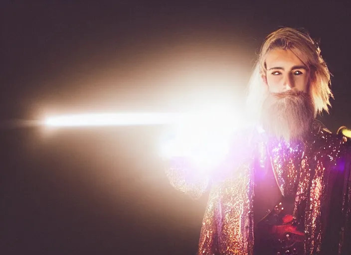 Prompt: closeup of a very very good looking detailed fantasy sorcerer wearing amazing clothes ejects a blast of magic energy from their hands!! dramatically on an empty moonlit hill, dramatic lighting, lens flare, 3 5 mm f 1. 4, professional photography, kodak ektar