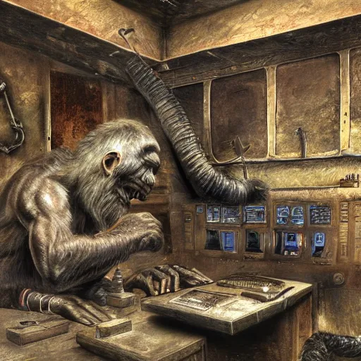 Image similar to Steam computer in ancient time surrounded by apes, highly detailed, highly realistic, artstation, by Hans Giger