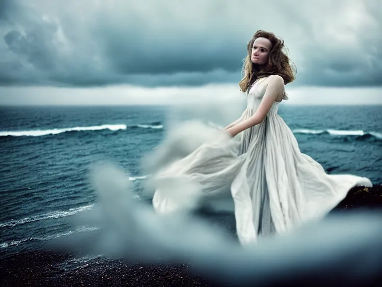 Image similar to cinestill 5 0 d photography portrait of a woman britt marling 3 / 4 style of nicholas fols, 2 0 0 mm, dress in voile, hair like dark clouds, hair floating on air, head in focus, mute dramatic colours, soft blur outdoor stormy sea background, volumetric lighting, hyper detailed, hyper realistic