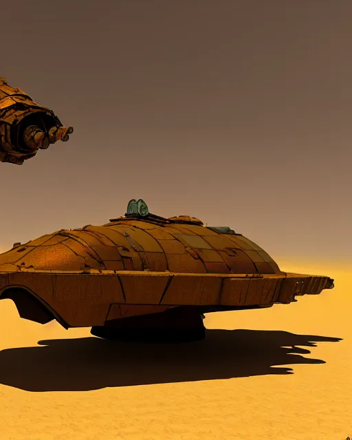 Prompt: a rusty starship in the desert in the style of chris foss and rodger dean