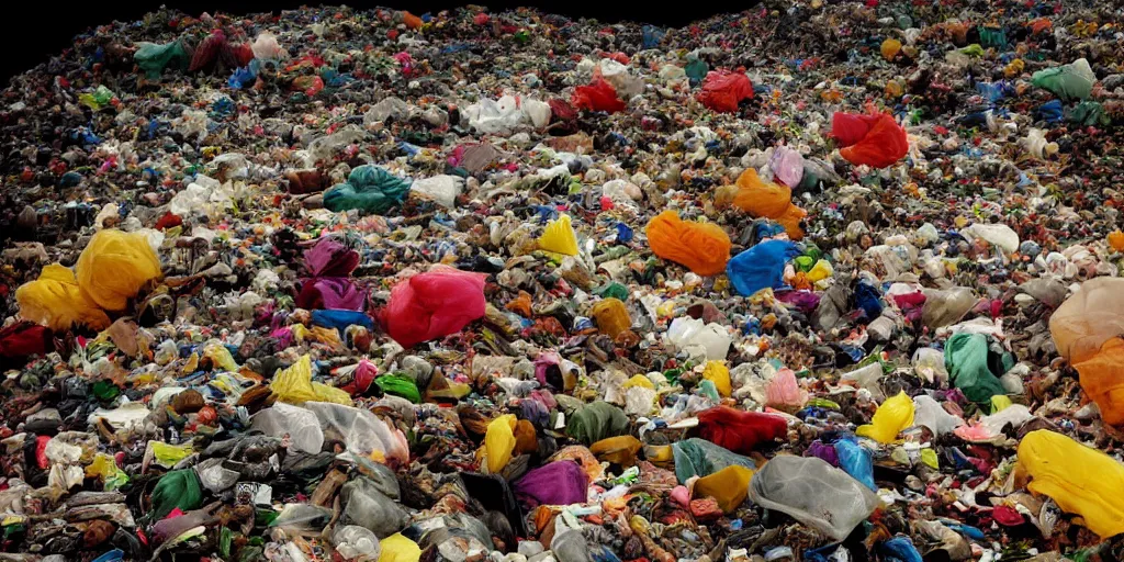 Image similar to photography of a mountain of colorfull garbage bags with televisions sets inside emitting light and news, photography by Annie Leibovitz and david lachapelle, photography award winning, rule of thirds, golden ratio, phi