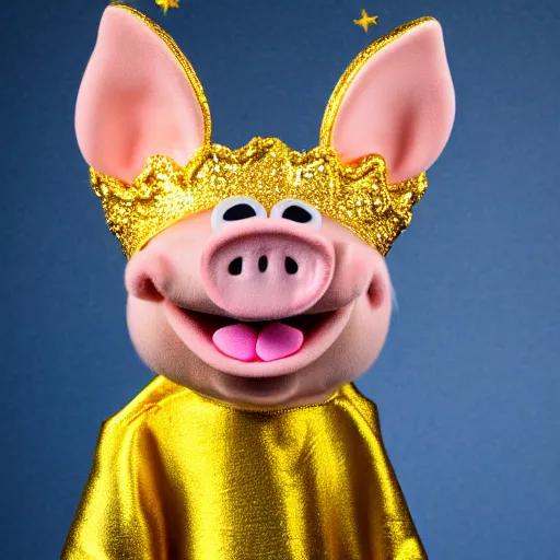 Image similar to studio photograph of a smiling pig depicted as a muppet wearing a gold crown with a yellow background, front view