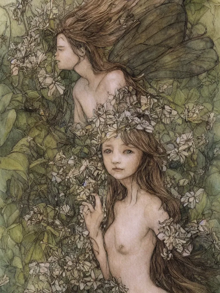 Image similar to annotated study of a flower fairy, illustration, watercolor, alan lee, detailed, pretty, ethereal,