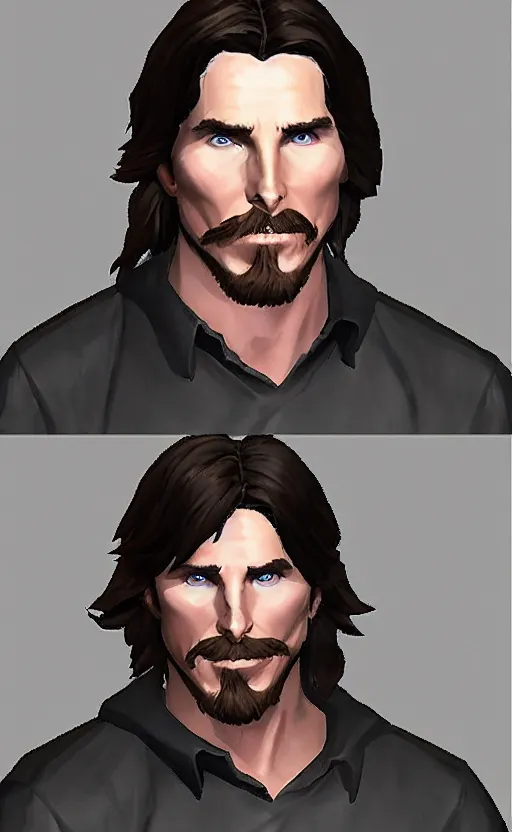 Image similar to Christian Bale as a character in the game League of Legends, with a background based on the game League of Legends, detailed face, old 3d graphics