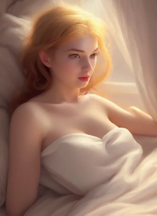 Prompt: young woman beautiful face : : white peignoir : : lie in bed at night : : weta disney pixar movie still photo : : decadent highly - detailed digital painting, very soft light, full length shot, golden ratio, octane render, artstation, smooth, sharp focus, artgerm, mucha, loish, wlop, gogo