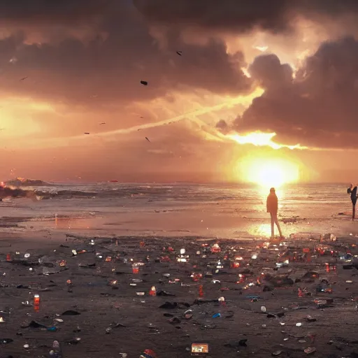 Prompt: tsunami of plastic bottles crashing on a beach, dim volumetric lighting, 8 k octane beautifully detailed render, post - processing, extremely hyper - detailed, intricate, epic composition, giant bananas natural disaster, cinematic lighting, masterpiece, trending on artstation, detailed detailed detailed, masterpiece, stunning art by anders zorn, wonderful masterpiece by greg rutkowski, beautiful cinematic light