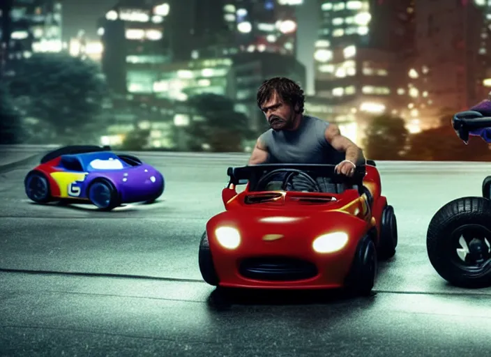 Image similar to peter dinklage racing vin diesel driving a little tikes cozy coupe cars at night tokyo, movie still, from the new fast and furious movie, 8 k, realistic