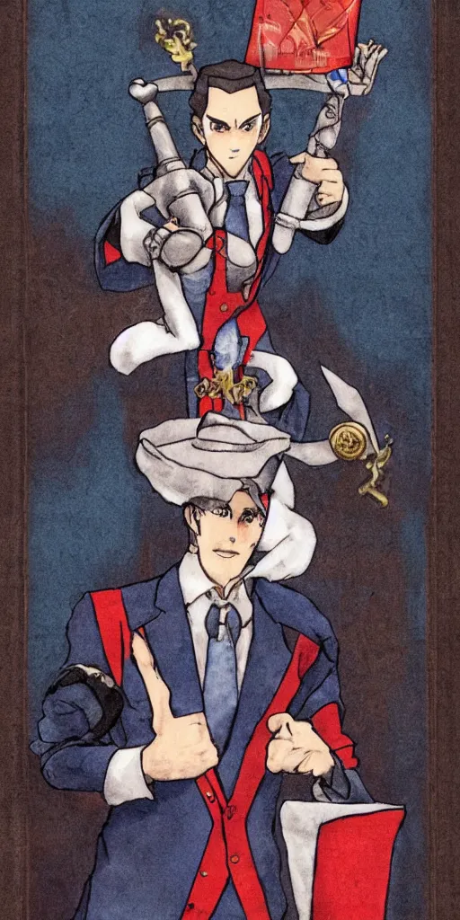 Image similar to the judge from Ace Attorney dressed as justice with a scale in one hand. Tarot card Justice