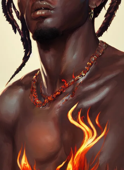 Image similar to a highly detailed illustration of attractive young african guy with flat top hair with flaming tattoos, dramatic standing pose, intricate, elegant, highly detailed, centered, digital painting, artstation, concept art, smooth, sharp focus, league of legends concept art, wlop