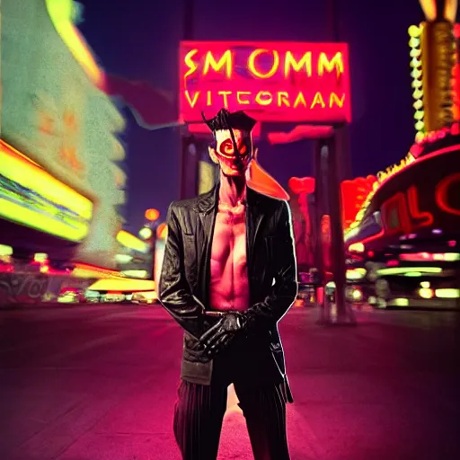 Image similar to 35mm kodak portra photograph of a shadowrun vampire on the Las Vegas strip at night by tomer hanuka and tom bagshaw, handsome face, blood, urban fantasy, hyper realism, high detail, octane render, 8k, trending on artstation, CGsociety, concept art