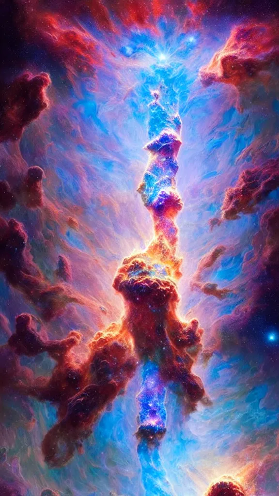 Image similar to psychedelic transcendent puffs! of smoke explosion, space, supernova, nebulae, pillars of creation, enlightenment, high contrast lighting, highly detailed, concept art, art by collier, albert aublet, krenz cushart, artem demura, alphonse mucha